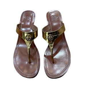Tory Burch Cameron 50mm Wedge Thong Petite Dorothy Sandals Gold Size 9.5 Box